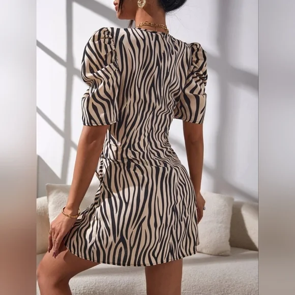 Women's Zebra Stripe Print Surplice Neck Draped Puff Sleeve Dress - Picture 3 of 7